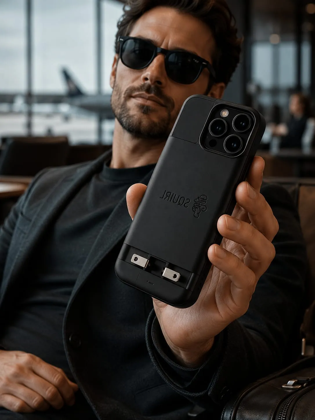 Traveller in an airport lounge holding the SQUIRL case with its stainless fold-out AC prongs extended