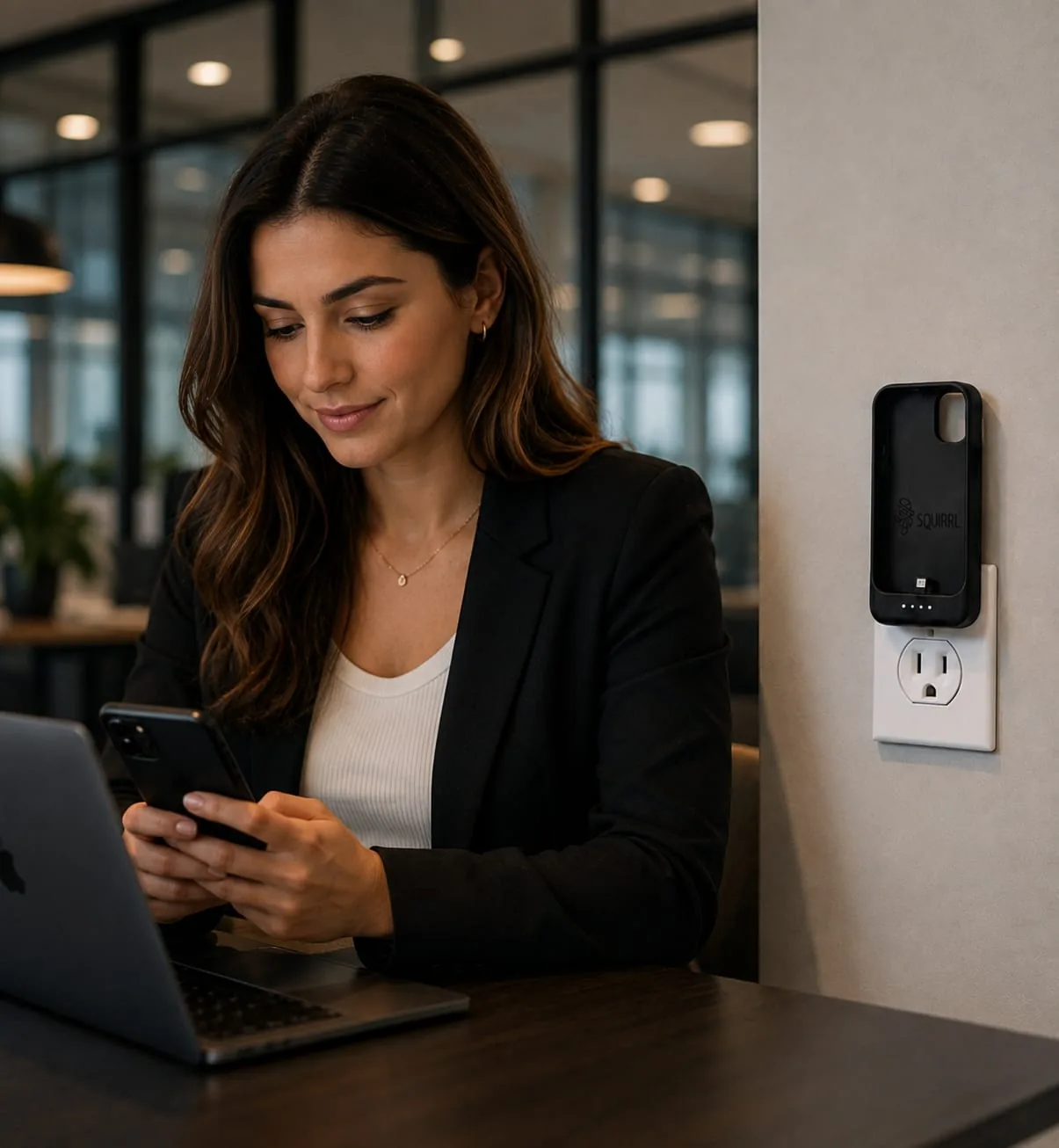SQUIRL case charging on an office wall outlet while its owner works at a laptop