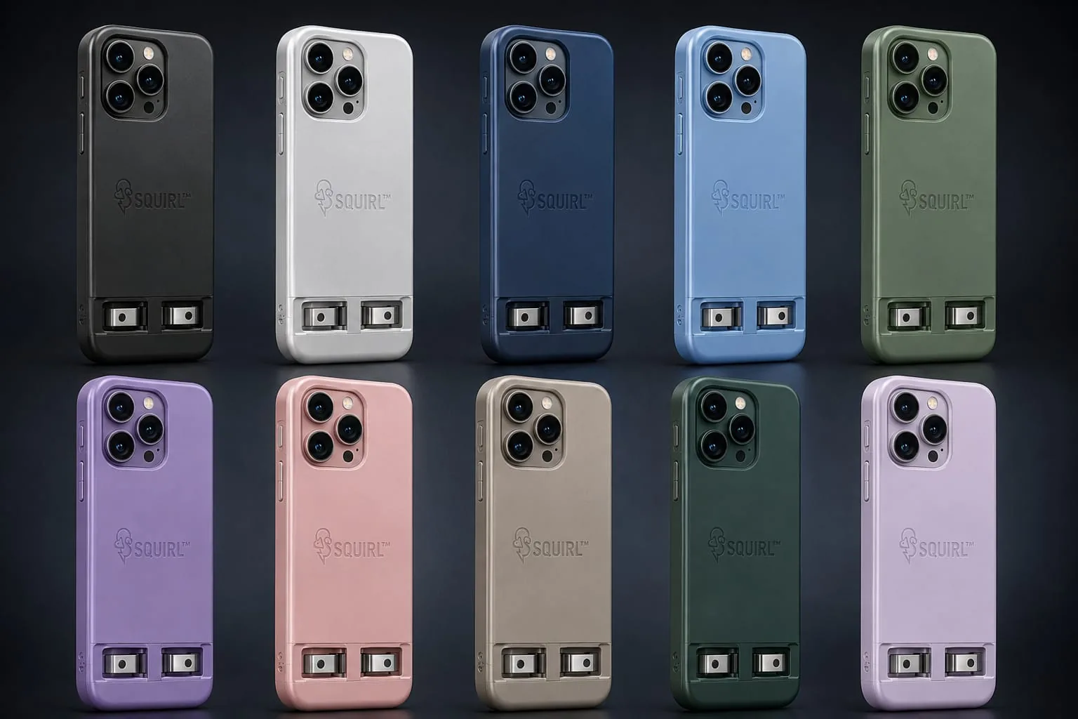 Ten SQUIRL battery cases lined up in black, platinum, midnight blue, horizon blue, olive, iris, blush, sand, forest and lilac finishes