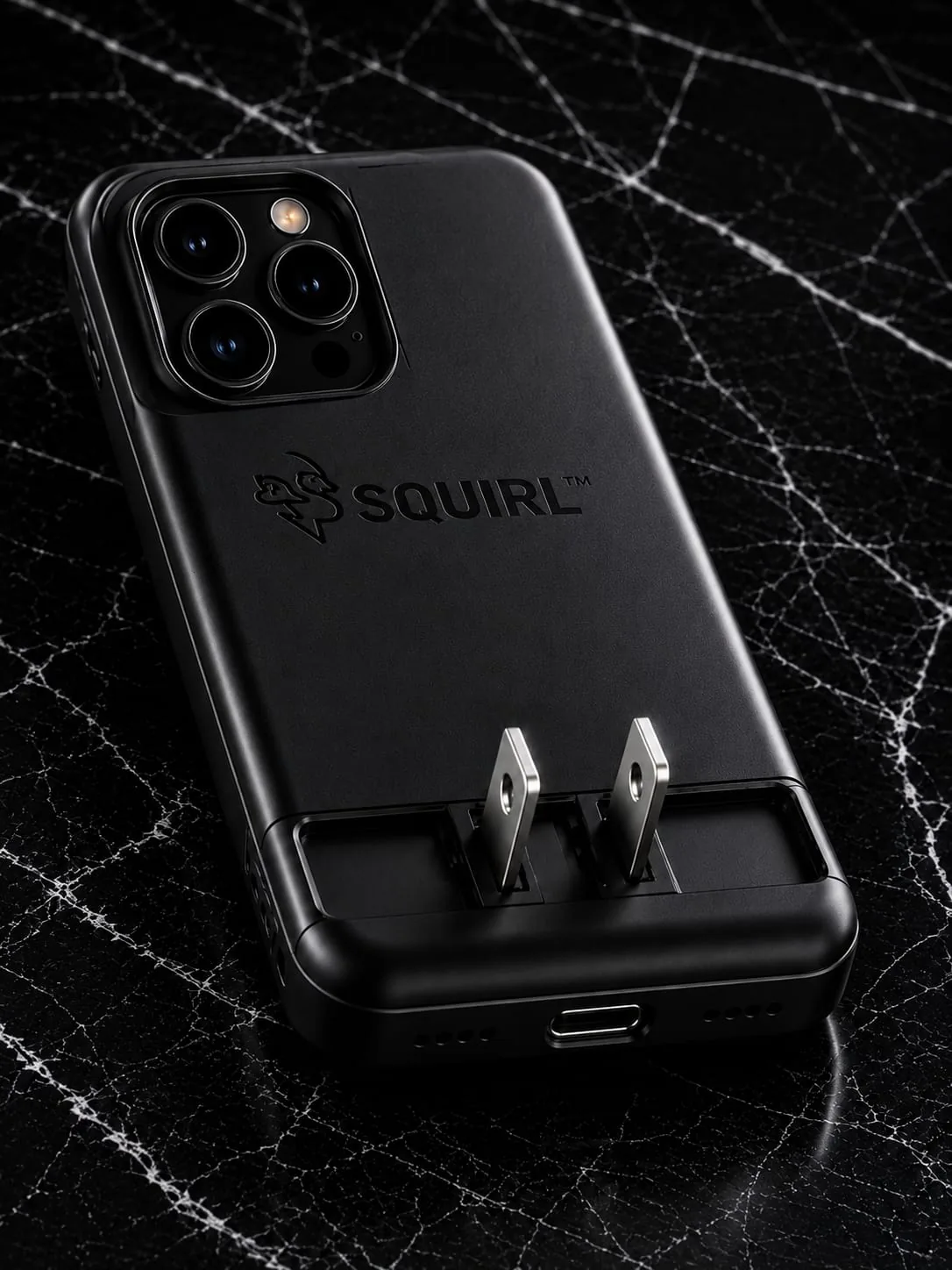 SQUIRL battery case on black marble with its stainless steel fold-out AC wall prongs extended