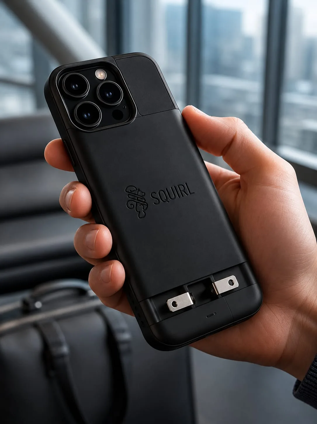 Hand holding the SQUIRL case with the stainless prongs slid out of the shell