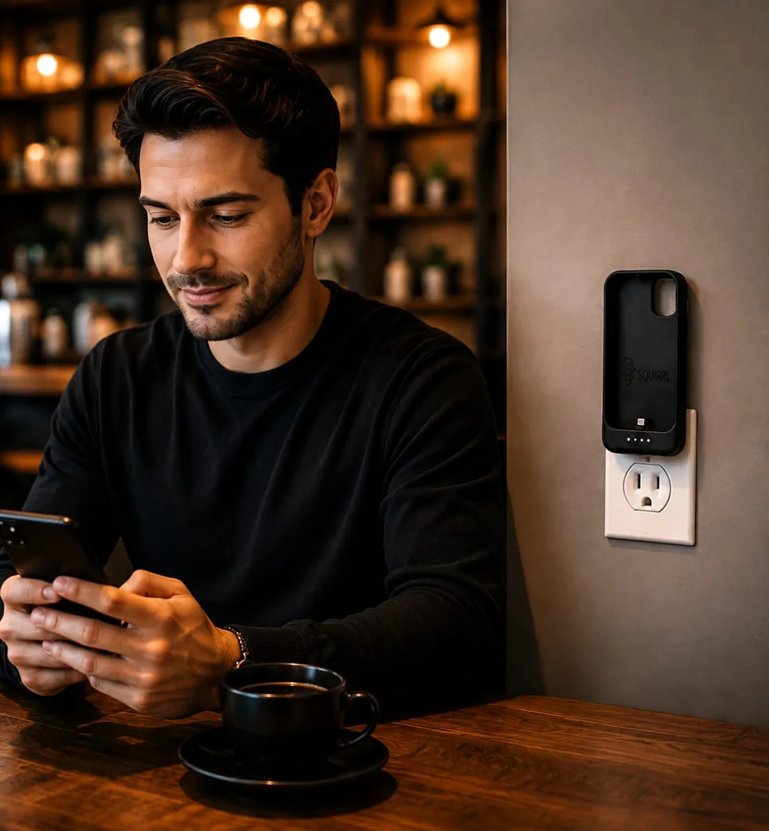 A man in a café checks his phone while a black SQUIRL case charges plugged directly into the wall outlet beside him
